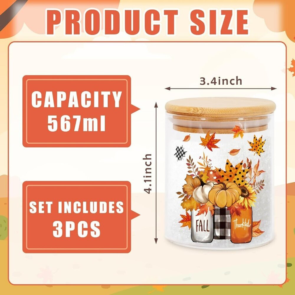 3Pcs Fall Glass Storage Jars with Airtight Bamboo Lid Pumpkin Truck Leaves Clear - Picture 3 of 6